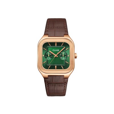 Montre Cluse Quadrus Multifunction Watch Leather, Green, Rose Gold Colour