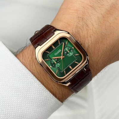 Montre Cluse Quadrus Multifunction Watch Leather, Green, Rose Gold Colour
