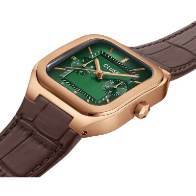 Montre Cluse Quadrus Multifunction Watch Leather, Green, Rose Gold Colour