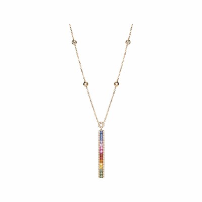 Collier tige arc en ciel en or rose, saphirs multicolores et diamants