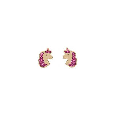Boucles d'oreilles licorne Rose en or jaune et laque