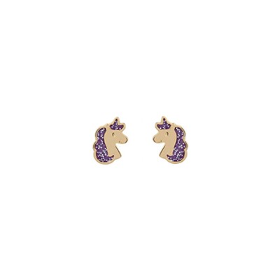 Boucles d'oreilles licorne Violet en or jaune et laque