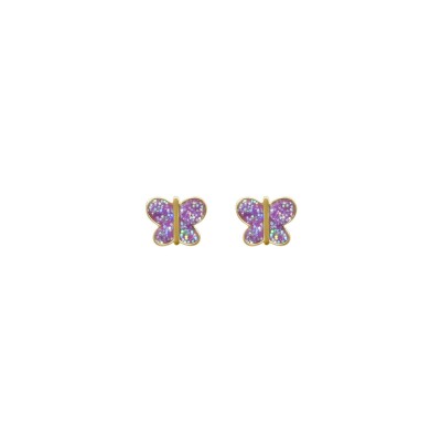 Boucles d'oreilles papillon en or jaune et laque violette
