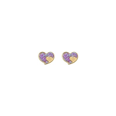 Boucles d'oreilles cœur en or jaune et laque violette