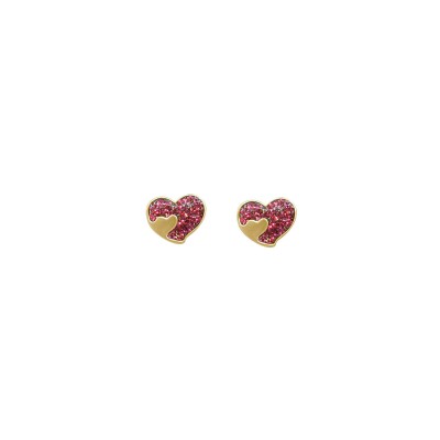 Boucles d'oreilles cœur en or jaune et laque rose