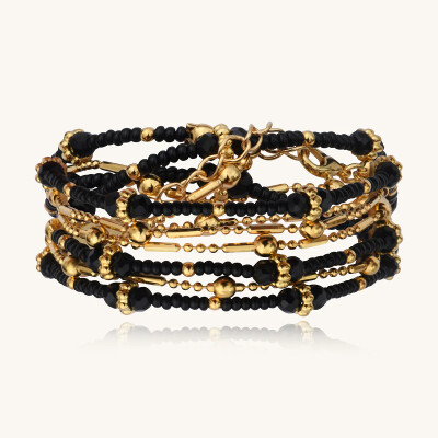 Collier-Bracelet Sàntibé Bijoux Divine en laiton, métal doré et perles noir