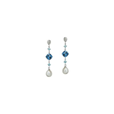 Boucles d'oreilles Isabelle Langlois Princesse Mathilde en or blanc, diamant, topaze bleue, apatite et perle