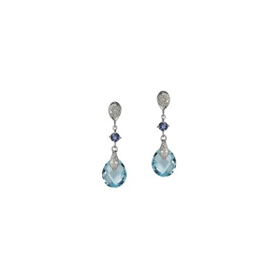 Boucles d'oreilles Isabelle Langlois Princesse Mathilde en or blanc, diamant, iolite et topaze bleue