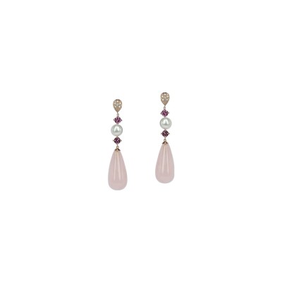 Boucles d'oreilles Isabelle Langlois Princesse Mathilde en or rose, diamant, perle, rhodolite et quartz rose