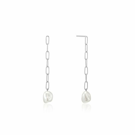 Boucles d'oreilles chaines pendantes Ania Haie Pearl of Wisdom en argent rhodié et perles d'eau douce