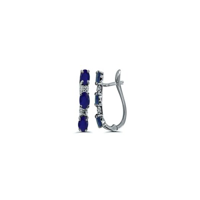 Boucles d'oreilles Brisures Alternée 3 saphirs (4x3), diamants et or blanc