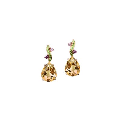 Boucles d\'oreilles Isabelle Langlois en or jaune, citrines, rhodolites et topaze bleu London