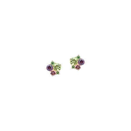 Boucles d'oreilles Isabelle Langlois en or rose, péridots, rhodolites et tourmalines et tsavorites