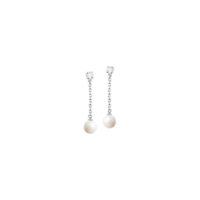 Boucles d'oreilles pendantes Elsa Lee Pureté  en argent rhodié, oxydes de zirconium et perles