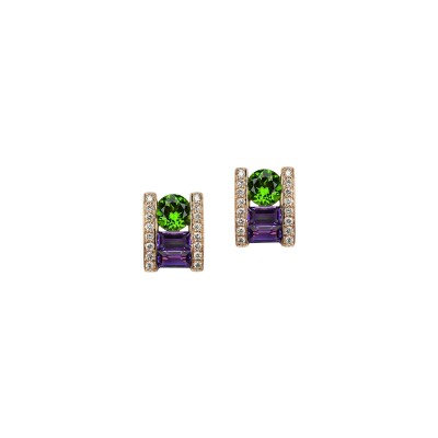 Boucles d'oreilles Isabelle Langlois Tissage en or rose, diopside, améthyste et diamant