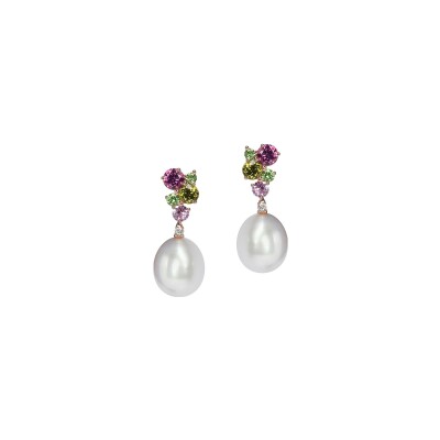 Boucles d'oreilles Isabelle Langlois Pointilliste en or rose, tourmaline rose, tourmaline verte, saphir rose, tsavorite, diamant et perle
