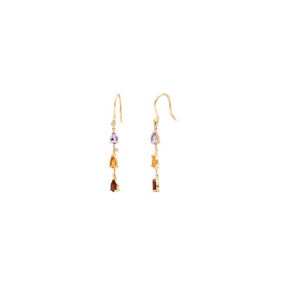 Boucles d'oreilles India en or jaune, améthyste lavande, citrine madeire et grenat