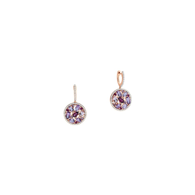 Boucles d'oreilles or rose, diamants et pierres multicolores