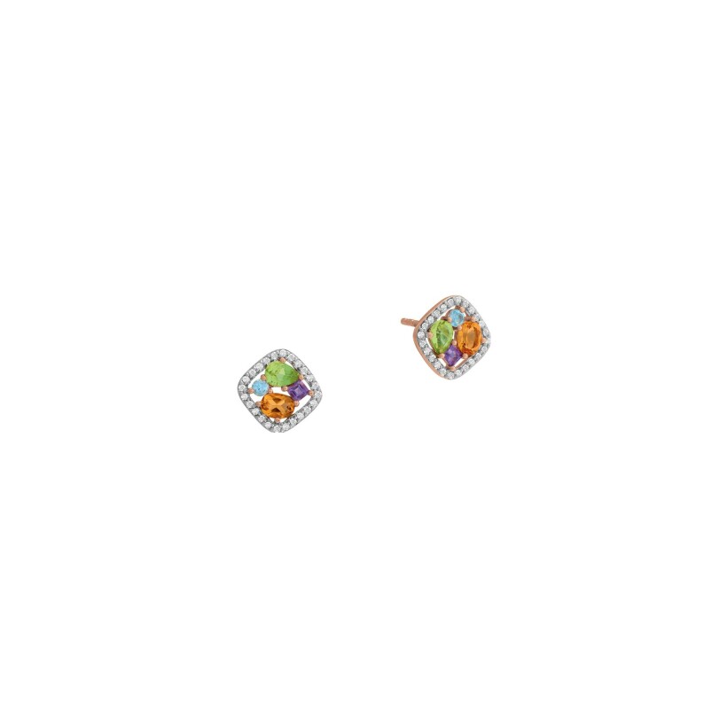 Boucles d'oreilles or rose, diamants et pierres multicolores