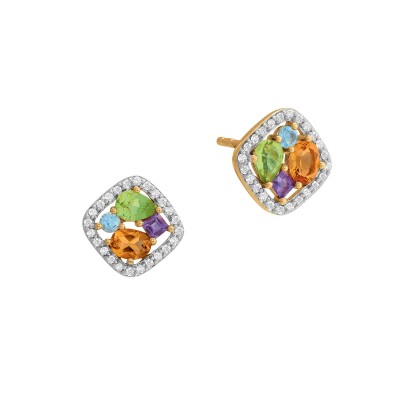 Boucles d'oreilles or jaune, diamants et pierres multicolores