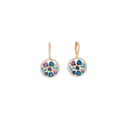 Boucles d'oreilles or jaune, diamants topaze, bleue cordiérite, améthyste lavande, topaze London