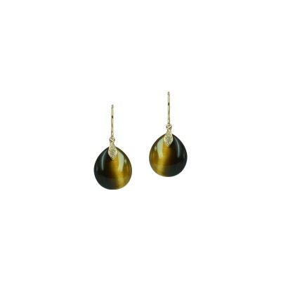 Boucles d'oreilles Isabelle Langlois Talisman en or jaune, quartz œil de tigre et diamant