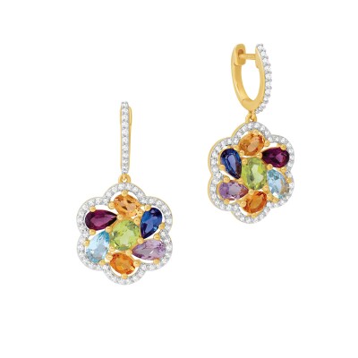 Boucles d'oreilles or jaune, diamants et pierres multicolores