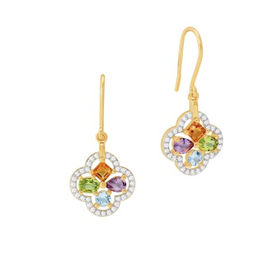 Boucles d'oreilles or jaune, diamants et pierres multicolores