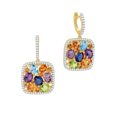 Boucles d'oreilles or jaune, diamants et pierres multicolores