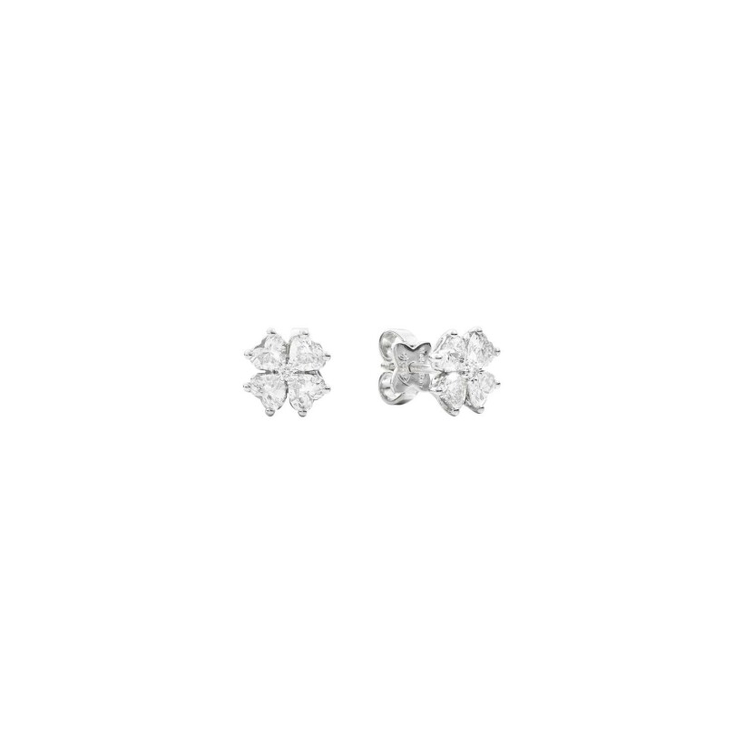 Recarlo Anniversary Love Quadrifoglio stud earrings, white gold, 8 heart-shaped brilliant cut diamonds, central round diamonds