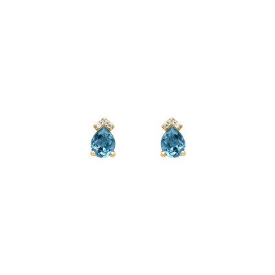 Boucles d'oreilles en or jaune, diamant et topaze bleue