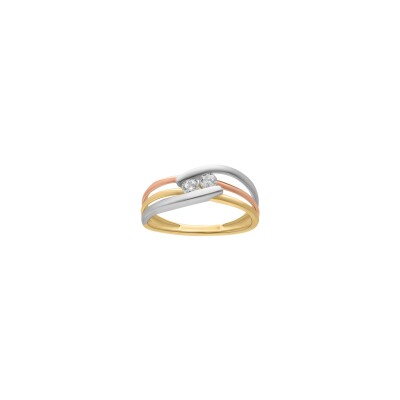 Bague tricolore en or jaune, or blanc, or rose, rhodium et oxyde de zirconium