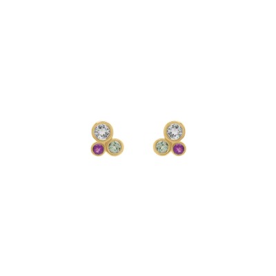 Boucles d'oreilles en or jaune, améthyste, péridot et topaze bleue
