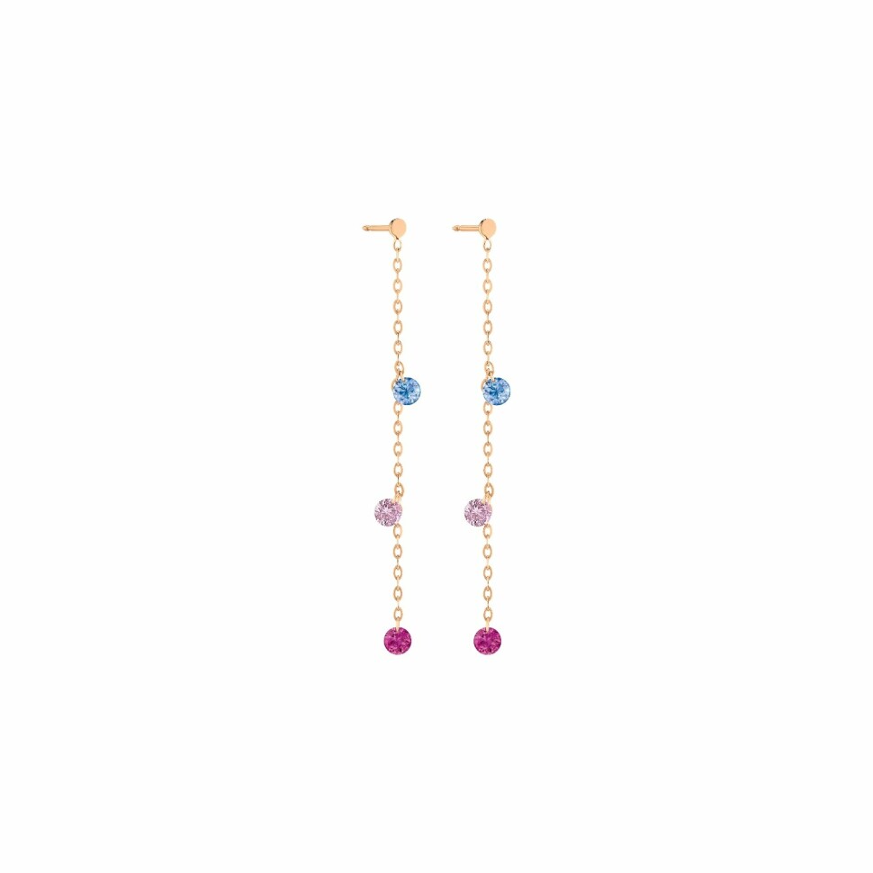 Boucles d'oreilles pendantes La Brune & La Blonde CONFETTI Venise en or rose, saphirs rose, bleus et rubis de 0.80ct