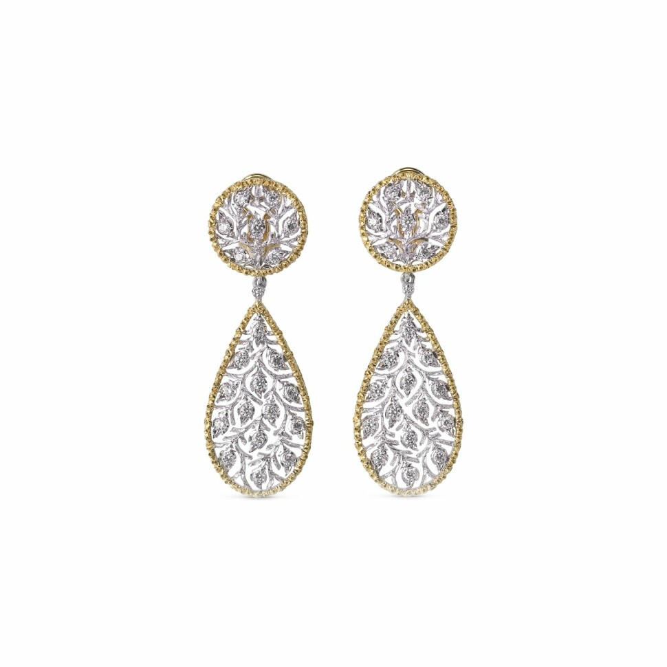 Boucles d'oreilles pendantes Buccellati Ramage en or blanc, or jaune et diamants