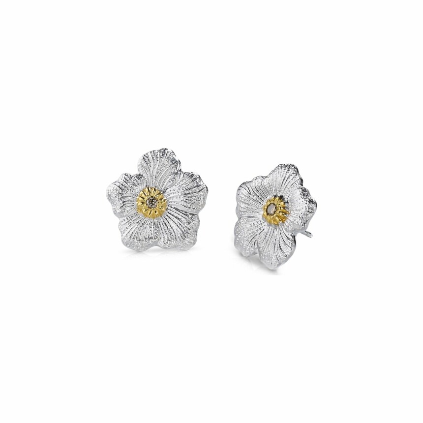 Buccellati Blossoms  small stud earrings, silver, brown diamonds