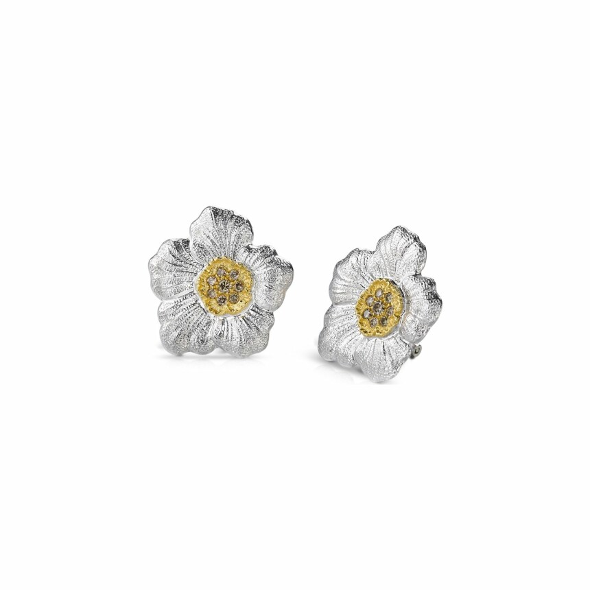Grands boutons d'oreilles Buccellati Blossoms en argent et diamants bruns