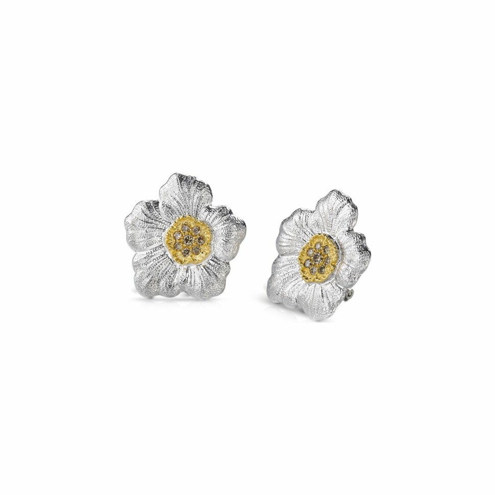 Grands boutons d'oreilles Buccellati Blossoms en argent et diamants bruns
