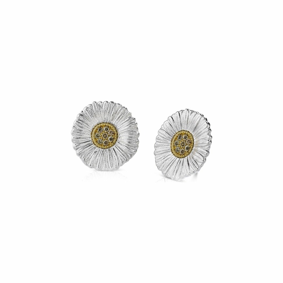 Buccellati Blossoms large stud earrings, silver and brown diamonds