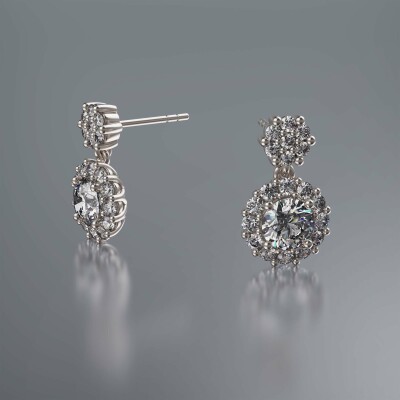 Platinum Halo Round Cluster Drop Diamond Earrings