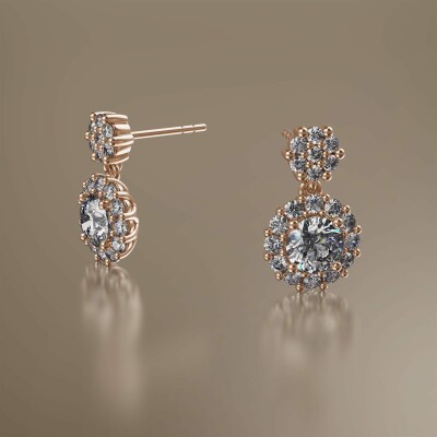 Rose Gold Halo Round Cluster Drop Diamond Earrings
