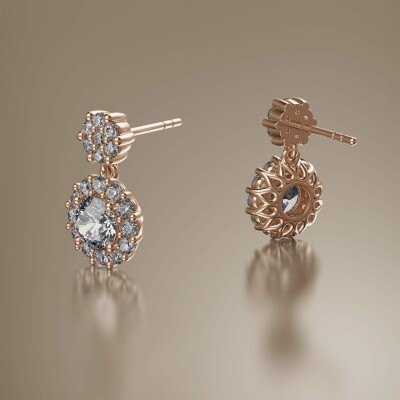 Rose Gold Halo Round Cluster Drop Diamond Earrings
