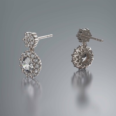 White Gold Halo Round Cluster Drop Diamond Earrings