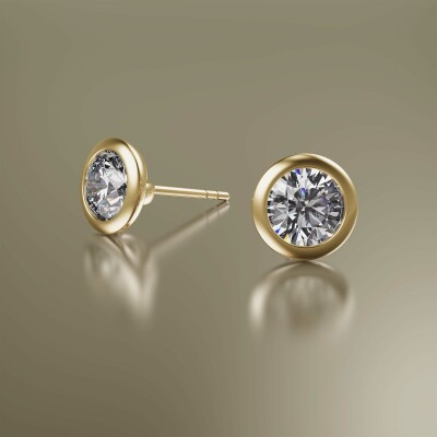 Yellow Gold Tube Solitaire Round Diamond Earrings