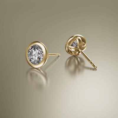 Yellow Gold Tube Solitaire Round Diamond Earrings