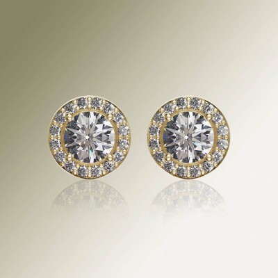 Yellow Gold Halo Round Diamond Earrings