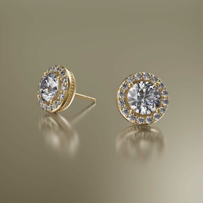Yellow Gold Halo Round Diamond Earrings
