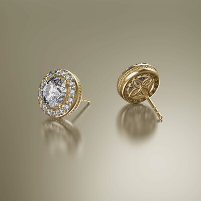 Yellow Gold Halo Round Diamond Earrings