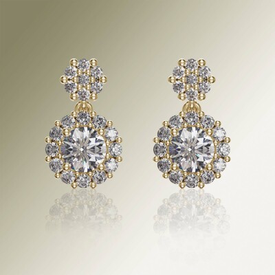 Yellow Gold Halo Round Cluster Drop Diamond Earrings