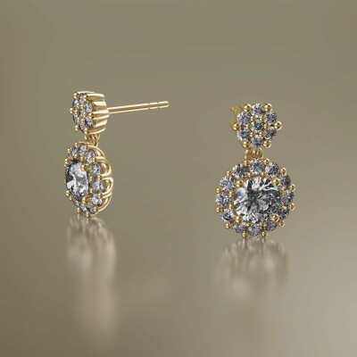 Yellow Gold Halo Round Cluster Drop Diamond Earrings